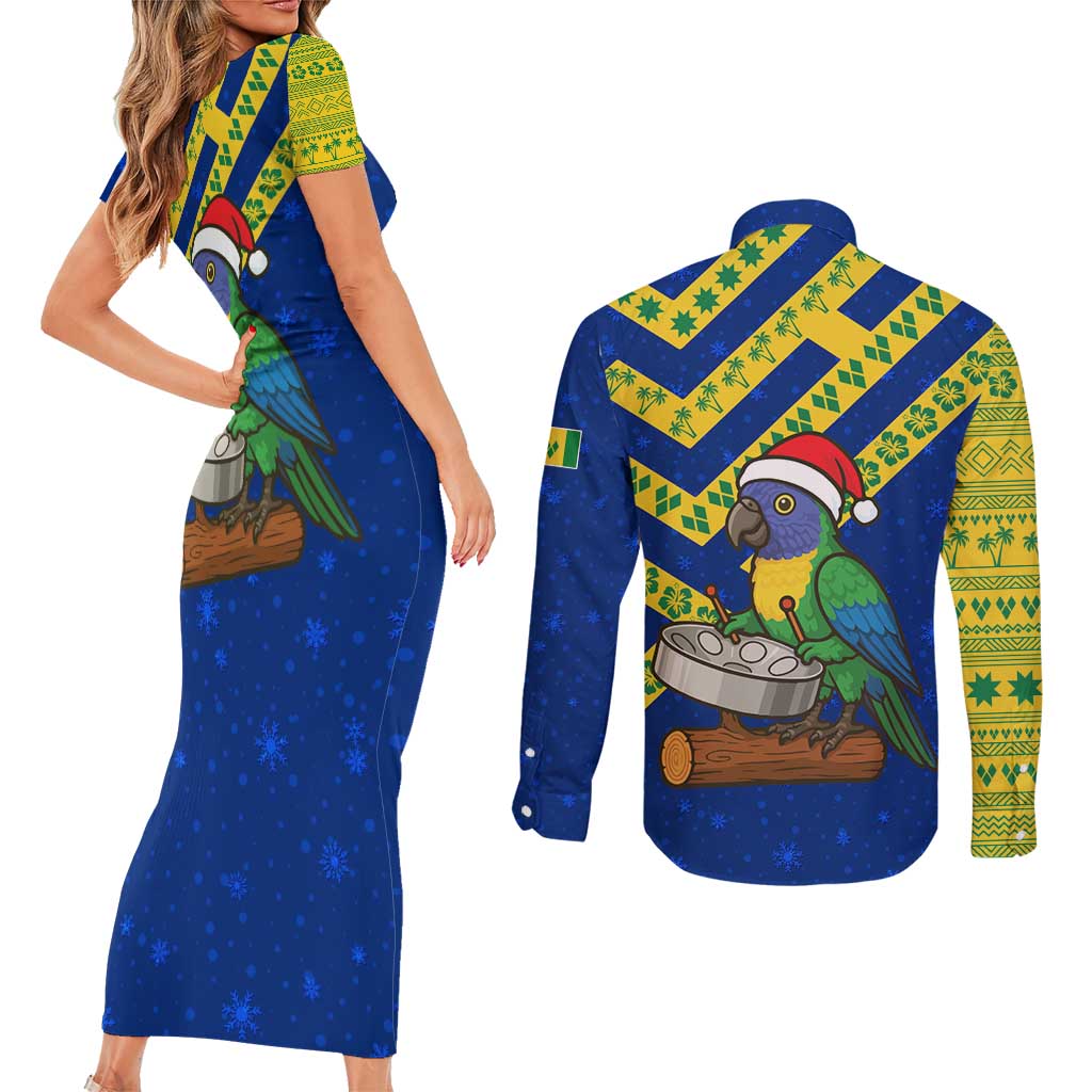 Saint Vincent and the Grenadines Christmas Couples Matching Short Sleeve Bodycon Dress and Long Sleeve Button Shirt with Parrot Playing Steelpan and Tropical Pattern Design - Wonder Print Shop