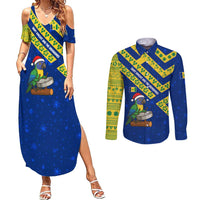 Saint Vincent and the Grenadines Christmas Couples Matching Summer Maxi Dress and Long Sleeve Button Shirt with Parrot Playing Steelpan and Tropical Pattern Design - Wonder Print Shop