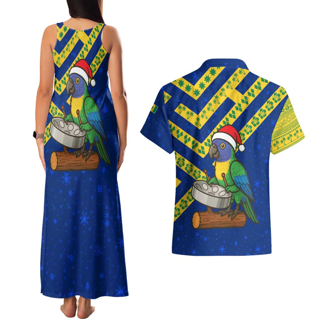 Saint Vincent and the Grenadines Christmas Couples Matching Tank Maxi Dress and Hawaiian Shirt with Parrot Playing Steelpan and Tropical Pattern Design - Wonder Print Shop