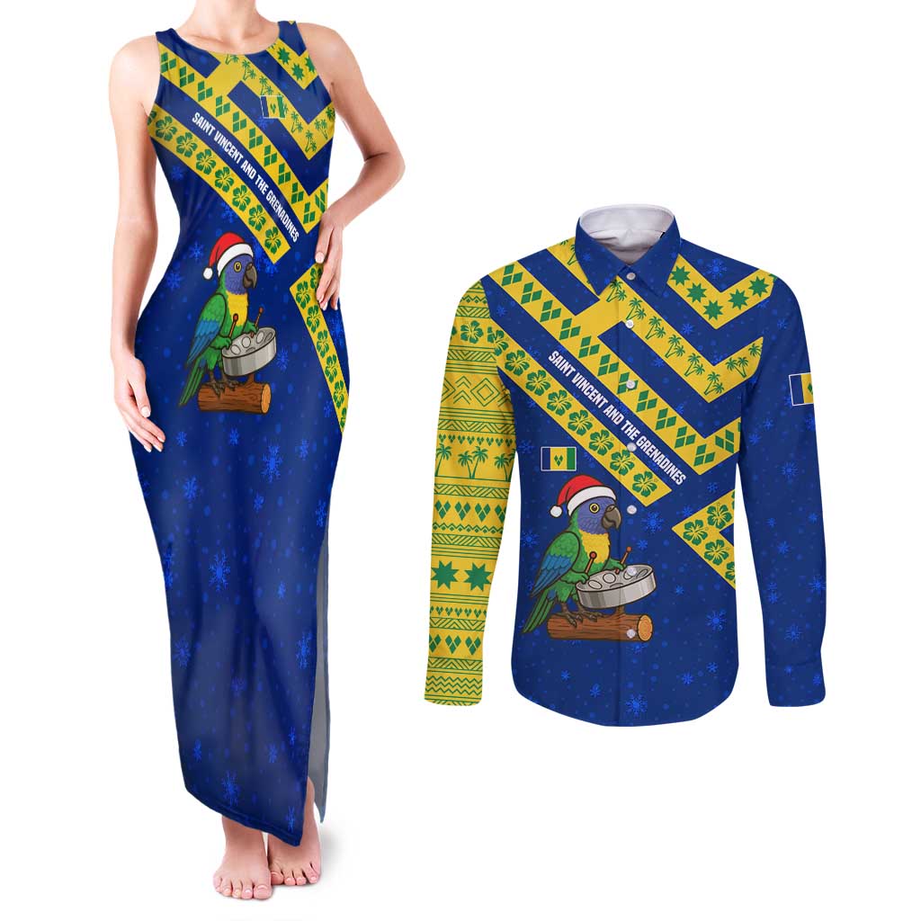 Saint Vincent and the Grenadines Christmas Couples Matching Tank Maxi Dress and Long Sleeve Button Shirt with Parrot Playing Steelpan and Tropical Pattern Design - Wonder Print Shop