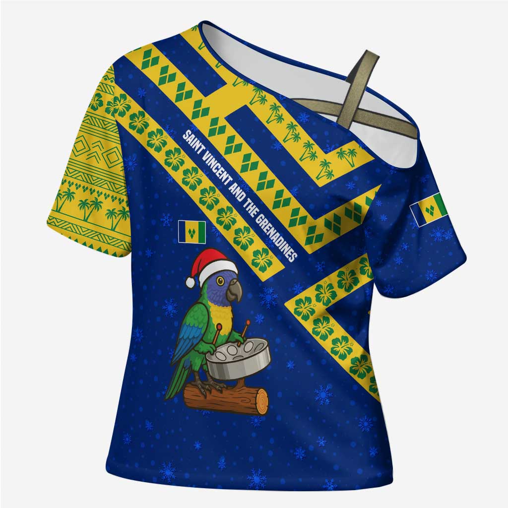Saint Vincent and the Grenadines Christmas Cross Shoulder Shirt with Parrot Playing Steelpan and Tropical Pattern Design - Wonder Print Shop