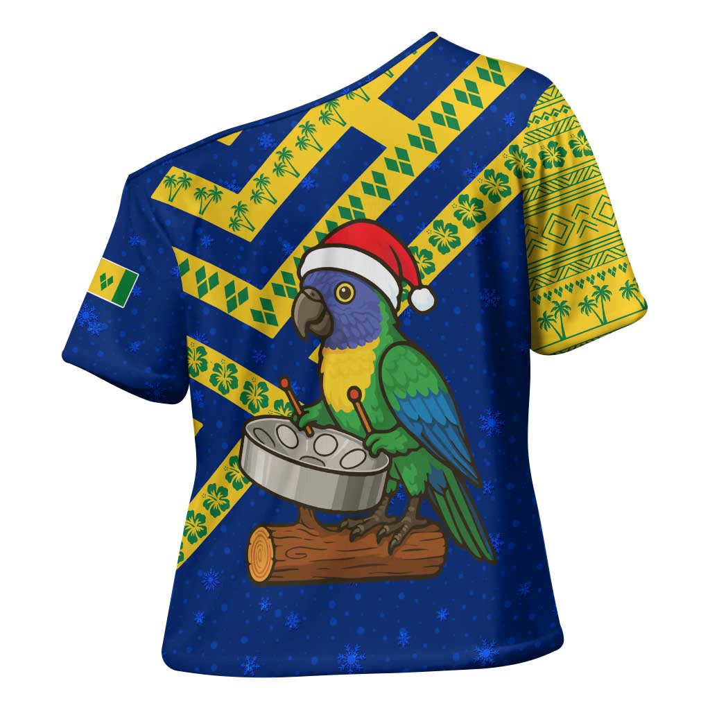 Saint Vincent and the Grenadines Christmas Cross Shoulder Shirt with Parrot Playing Steelpan and Tropical Pattern Design - Wonder Print Shop