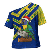 Saint Vincent and the Grenadines Christmas Cross Shoulder Shirt with Parrot Playing Steelpan and Tropical Pattern Design - Wonder Print Shop