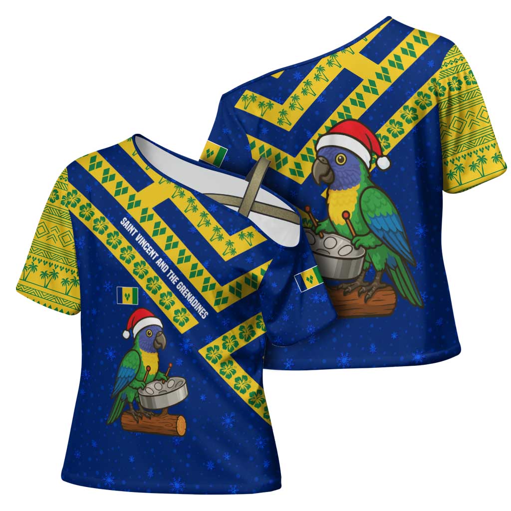 Saint Vincent and the Grenadines Christmas Cross Shoulder Shirt with Parrot Playing Steelpan and Tropical Pattern Design - Wonder Print Shop