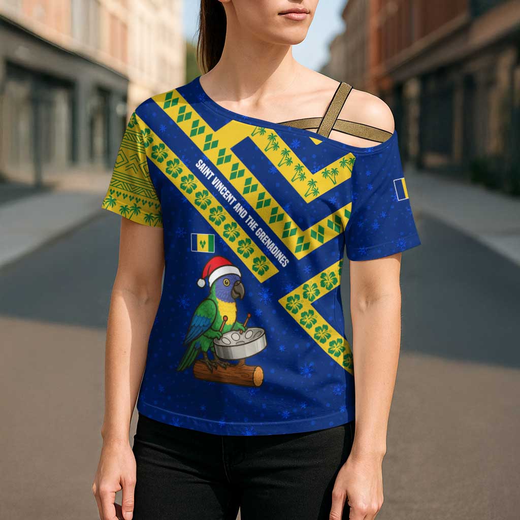 Saint Vincent and the Grenadines Christmas Cross Shoulder Shirt with Parrot Playing Steelpan and Tropical Pattern Design - Wonder Print Shop