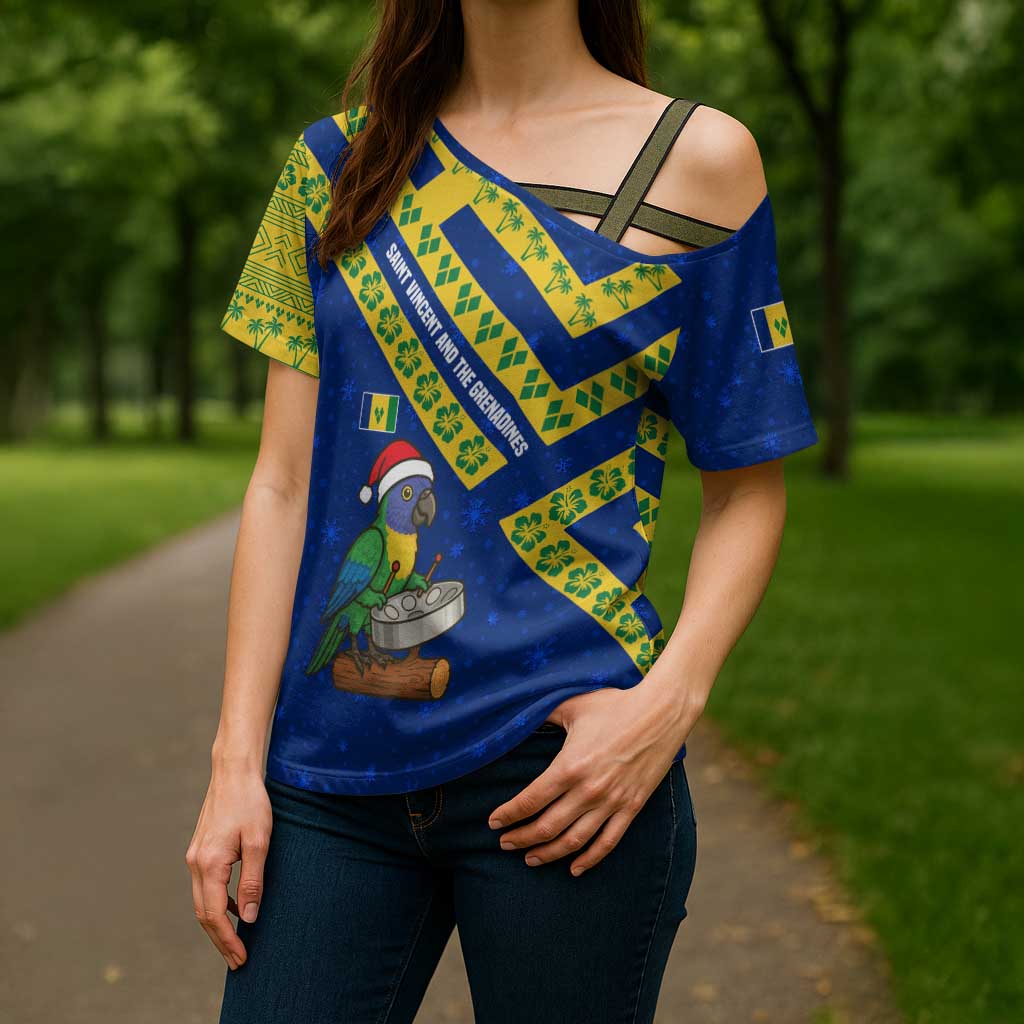 Saint Vincent and the Grenadines Christmas Cross Shoulder Shirt with Parrot Playing Steelpan and Tropical Pattern Design - Wonder Print Shop