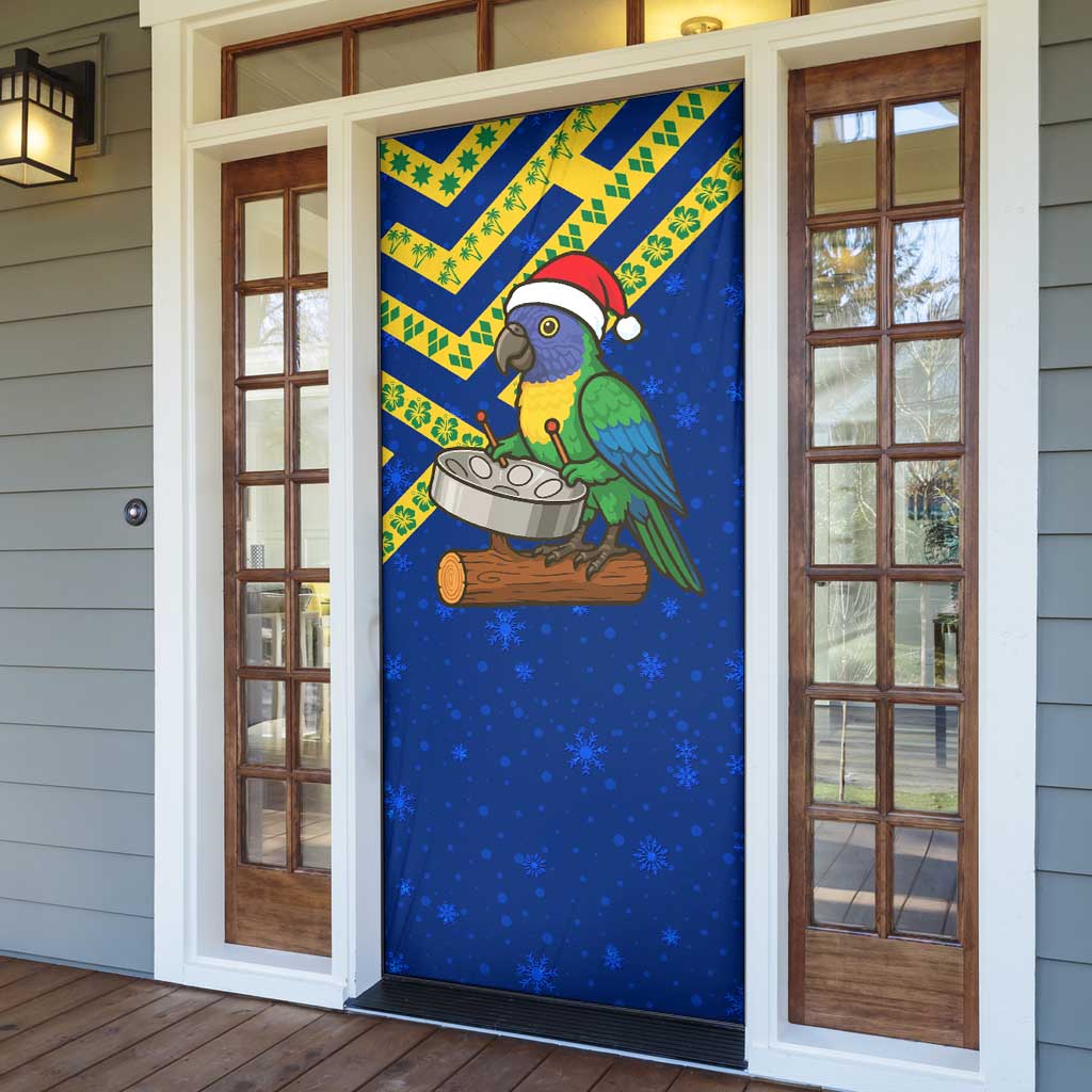 Saint Vincent and the Grenadines Christmas Door Cover with Parrot Playing Steelpan and Tropical Pattern Design - Wonder Print Shop