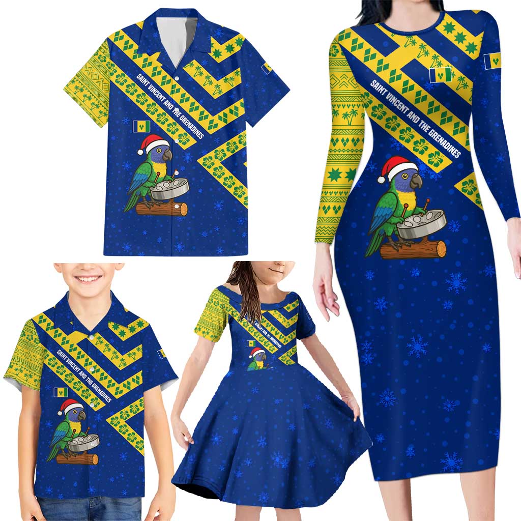Saint Vincent and the Grenadines Christmas Family Matching Long Sleeve Bodycon Dress and Hawaiian Shirt with Parrot Playing Steelpan and Tropical Pattern Design - Wonder Print Shop