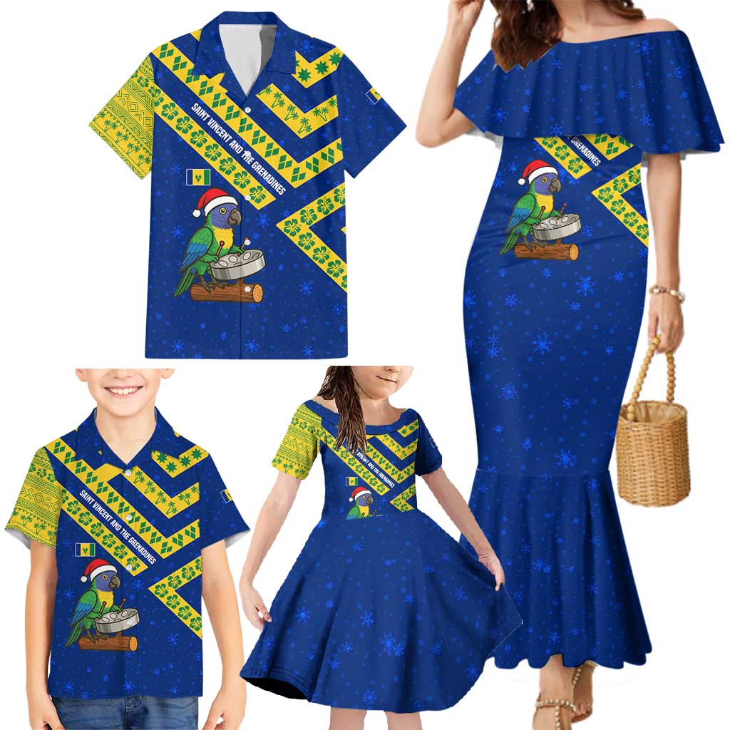 Saint Vincent and the Grenadines Christmas Family Matching Mermaid Dress and Hawaiian Shirt with Parrot Playing Steelpan and Tropical Pattern Design - Wonder Print Shop