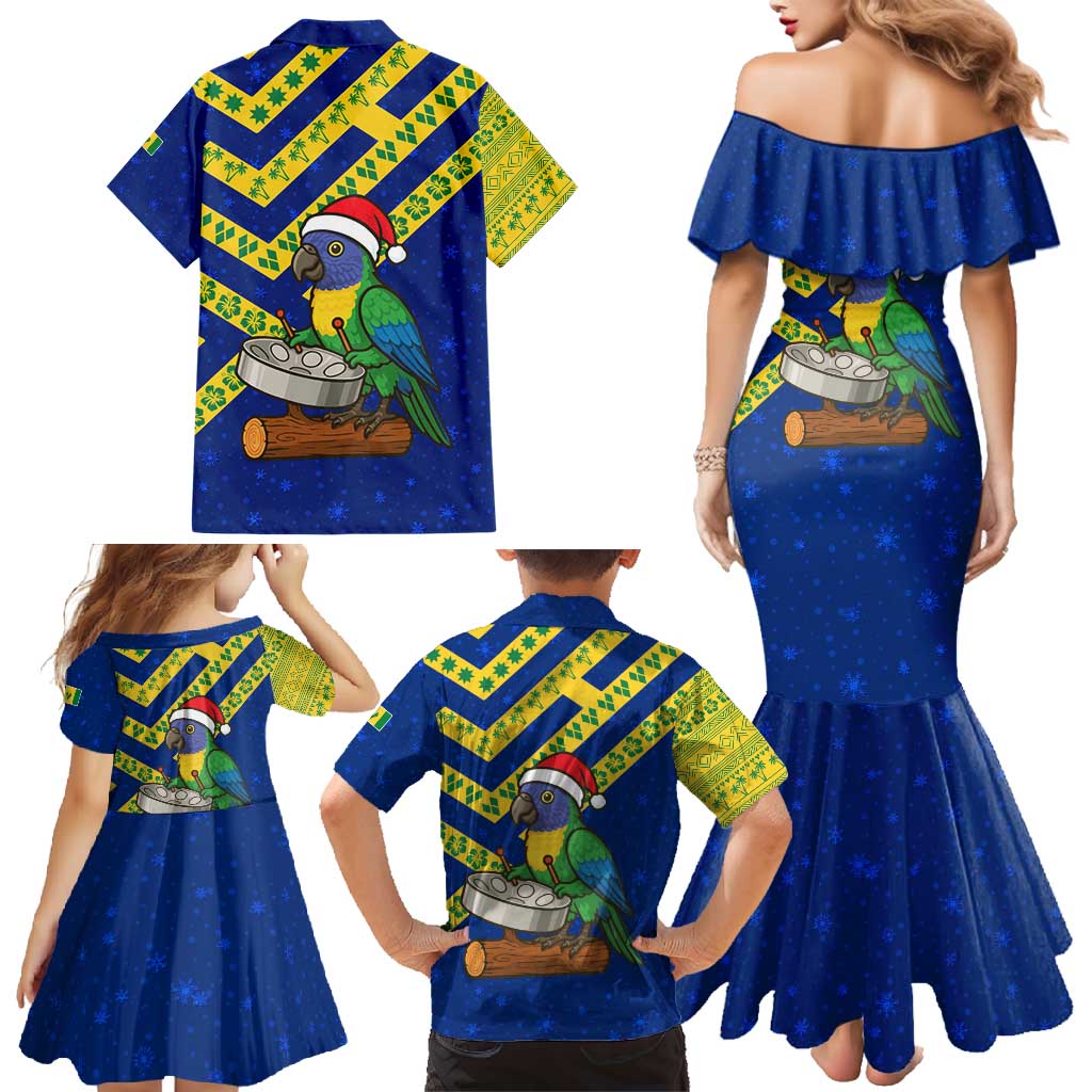 Saint Vincent and the Grenadines Christmas Family Matching Mermaid Dress and Hawaiian Shirt with Parrot Playing Steelpan and Tropical Pattern Design - Wonder Print Shop