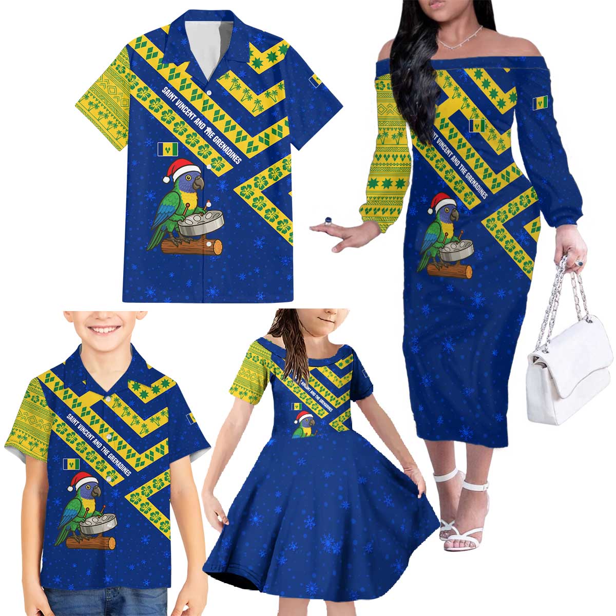 Saint Vincent and the Grenadines Christmas Family Matching Off The Shoulder Long Sleeve Dress and Hawaiian Shirt with Parrot Playing Steelpan and Tropical Pattern Design - Wonder Print Shop