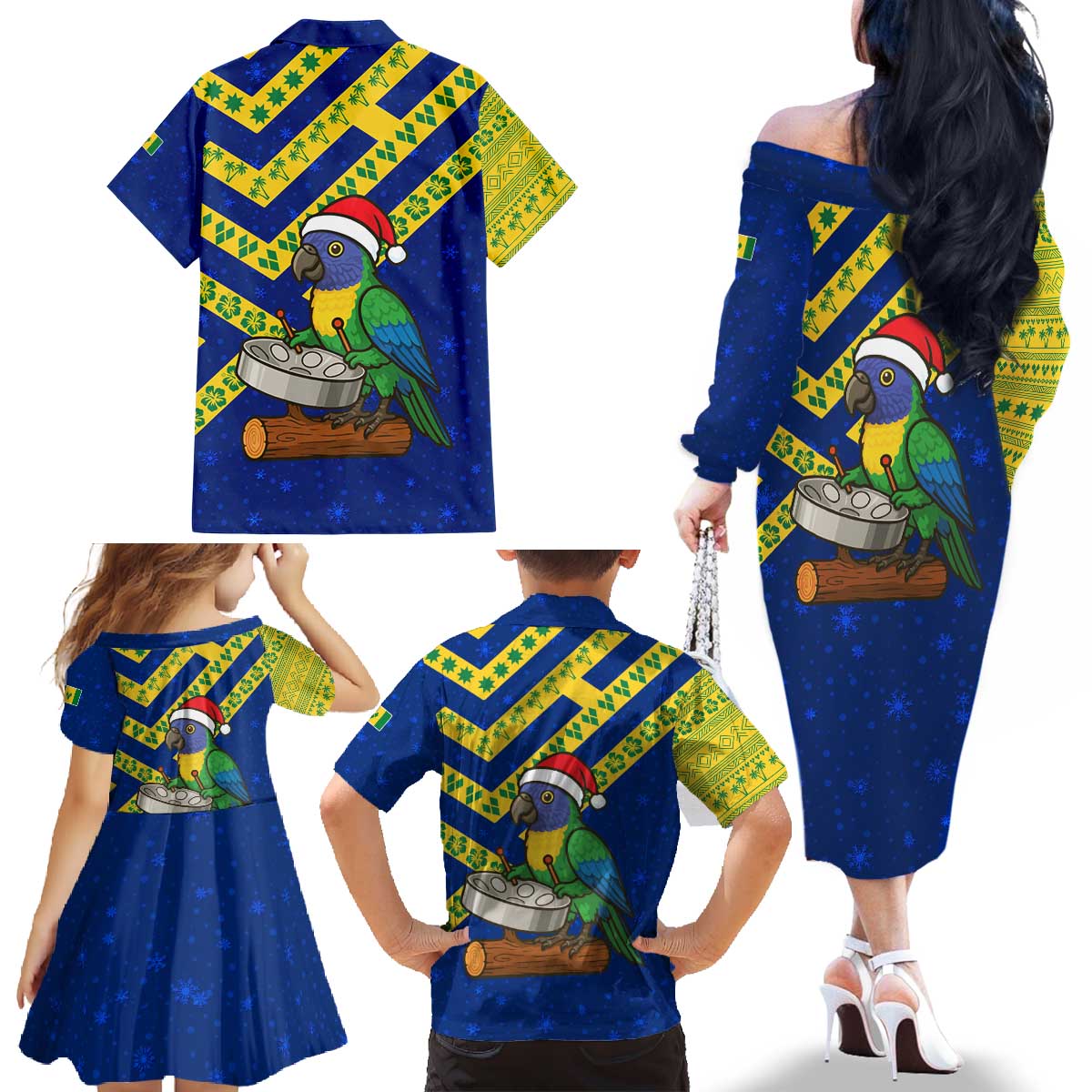 Saint Vincent and the Grenadines Christmas Family Matching Off The Shoulder Long Sleeve Dress and Hawaiian Shirt with Parrot Playing Steelpan and Tropical Pattern Design - Wonder Print Shop