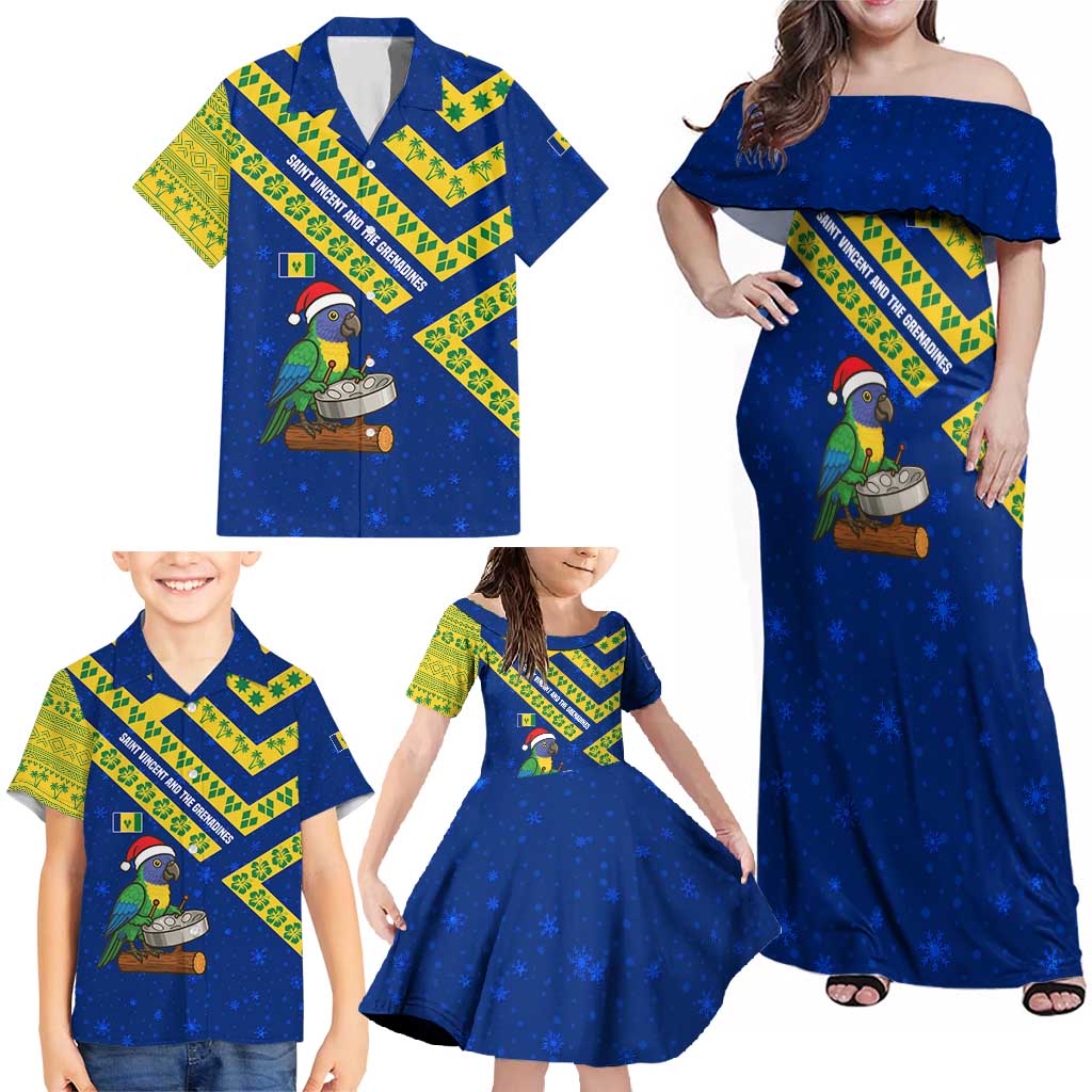 Saint Vincent and the Grenadines Christmas Family Matching Off Shoulder Maxi Dress and Hawaiian Shirt with Parrot Playing Steelpan and Tropical Pattern Design - Wonder Print Shop