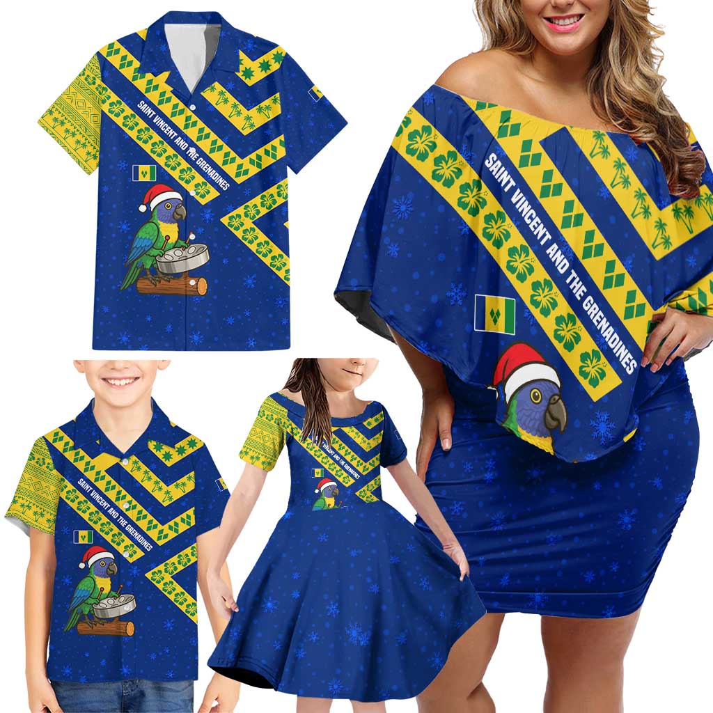 Saint Vincent and the Grenadines Christmas Family Matching Off Shoulder Short Dress and Hawaiian Shirt with Parrot Playing Steelpan and Tropical Pattern Design - Wonder Print Shop
