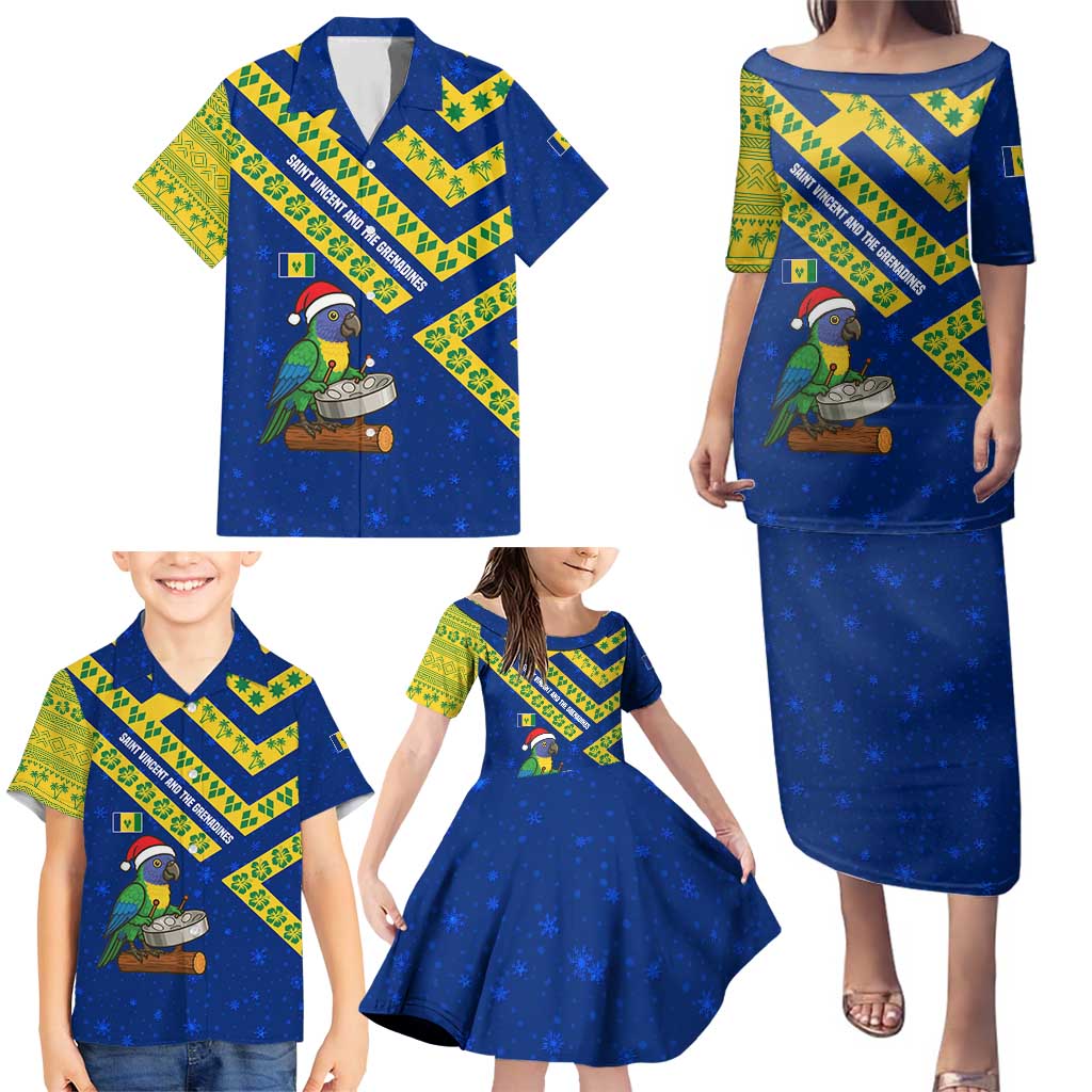 Saint Vincent and the Grenadines Christmas Family Matching Puletasi and Hawaiian Shirt with Parrot Playing Steelpan and Tropical Pattern Design - Wonder Print Shop