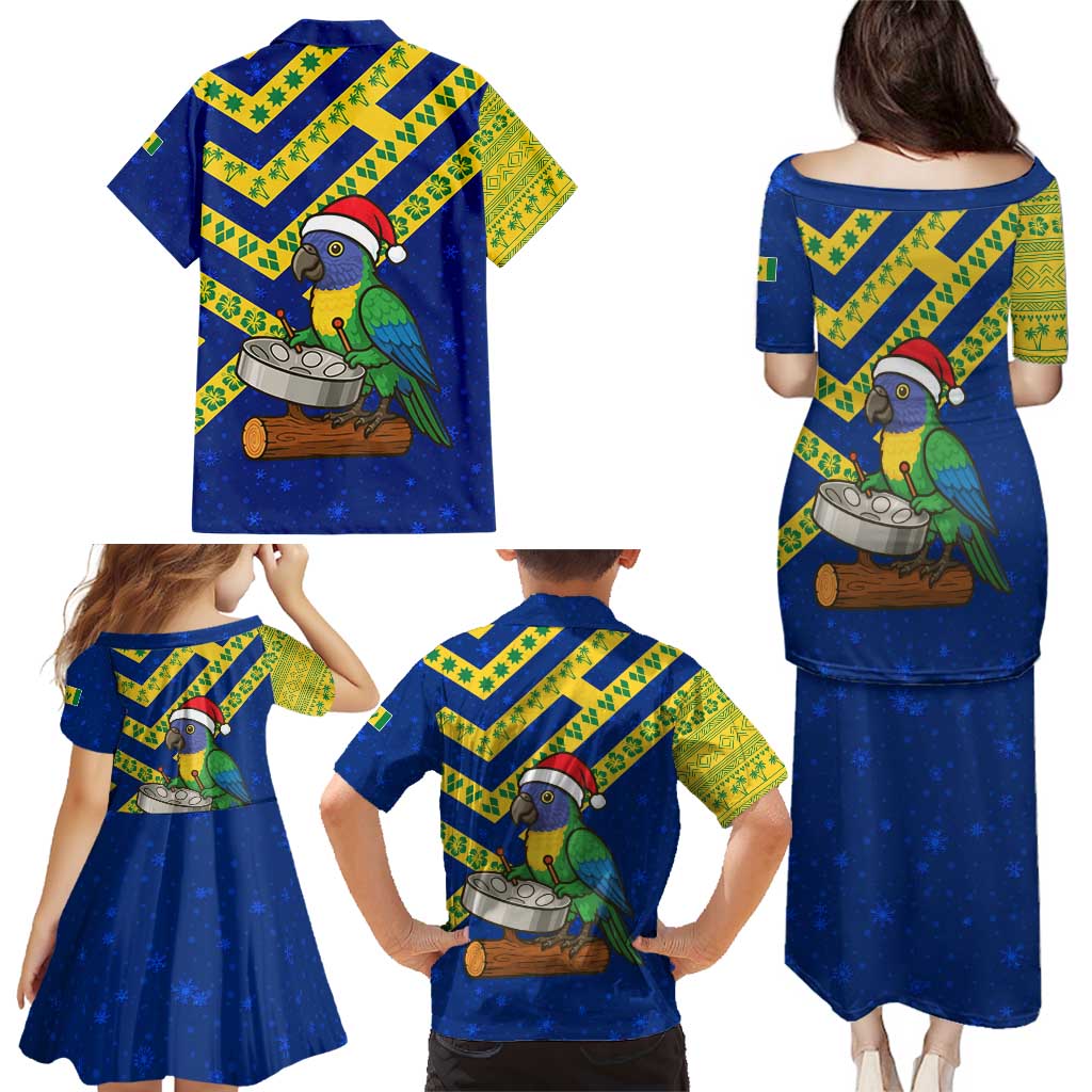 Saint Vincent and the Grenadines Christmas Family Matching Puletasi and Hawaiian Shirt with Parrot Playing Steelpan and Tropical Pattern Design - Wonder Print Shop