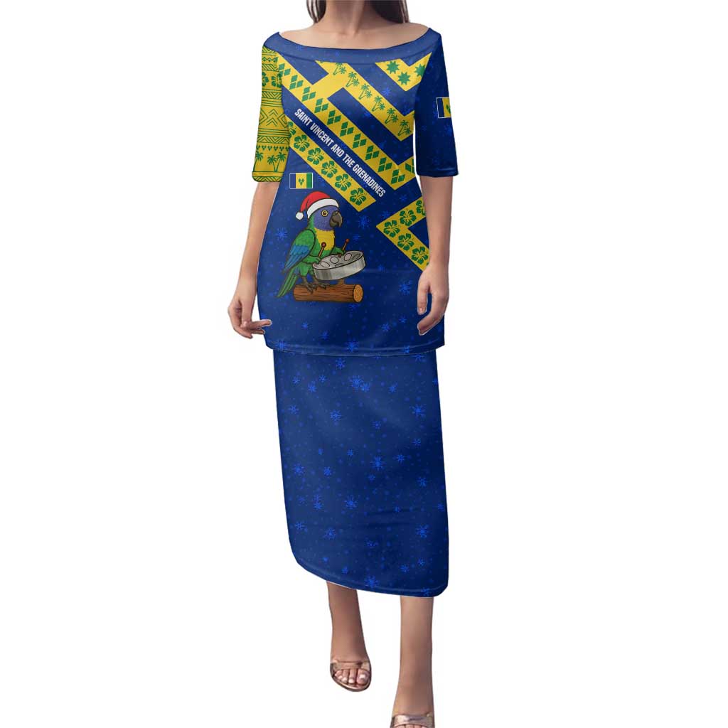 Saint Vincent and the Grenadines Christmas Family Matching Puletasi and Hawaiian Shirt with Parrot Playing Steelpan and Tropical Pattern Design - Wonder Print Shop