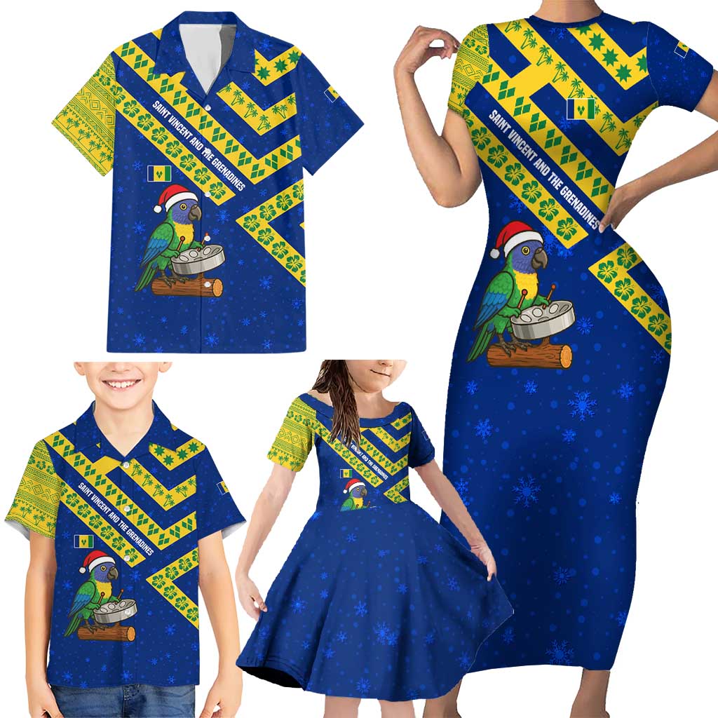 Saint Vincent and the Grenadines Christmas Family Matching Short Sleeve Bodycon Dress and Hawaiian Shirt with Parrot Playing Steelpan and Tropical Pattern Design - Wonder Print Shop
