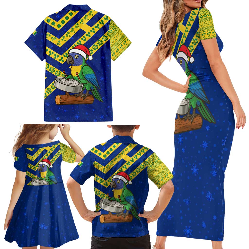Saint Vincent and the Grenadines Christmas Family Matching Short Sleeve Bodycon Dress and Hawaiian Shirt with Parrot Playing Steelpan and Tropical Pattern Design - Wonder Print Shop