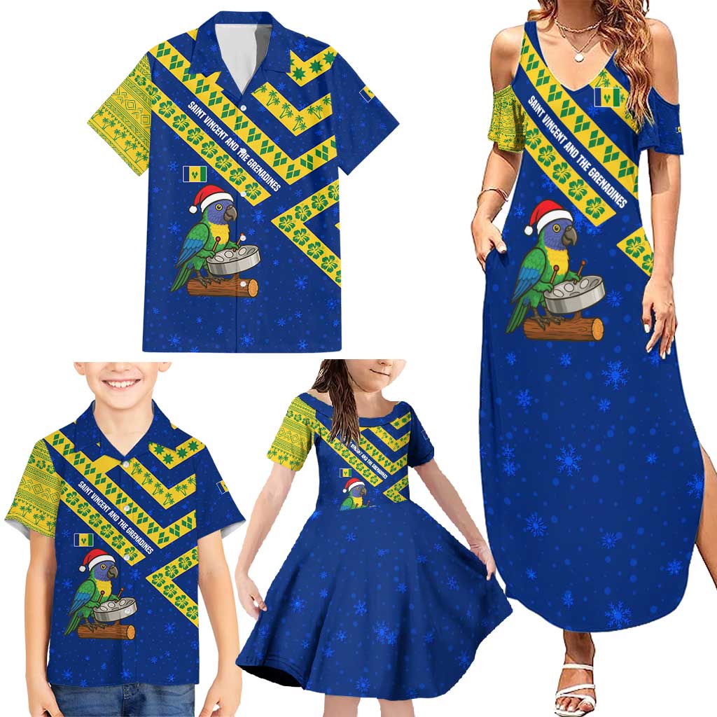 Saint Vincent and the Grenadines Christmas Family Matching Summer Maxi Dress and Hawaiian Shirt with Parrot Playing Steelpan and Tropical Pattern Design - Wonder Print Shop