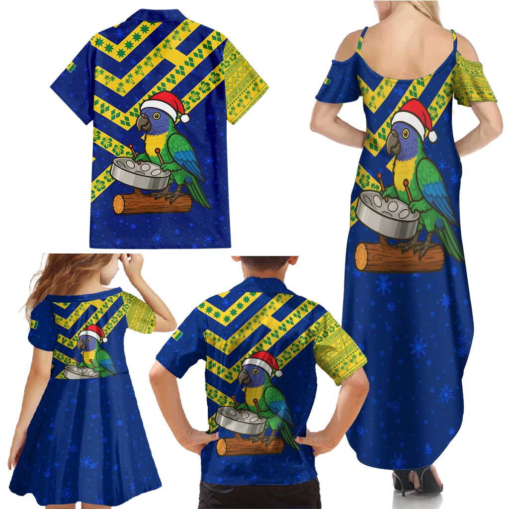 Saint Vincent and the Grenadines Christmas Family Matching Summer Maxi Dress and Hawaiian Shirt with Parrot Playing Steelpan and Tropical Pattern Design - Wonder Print Shop
