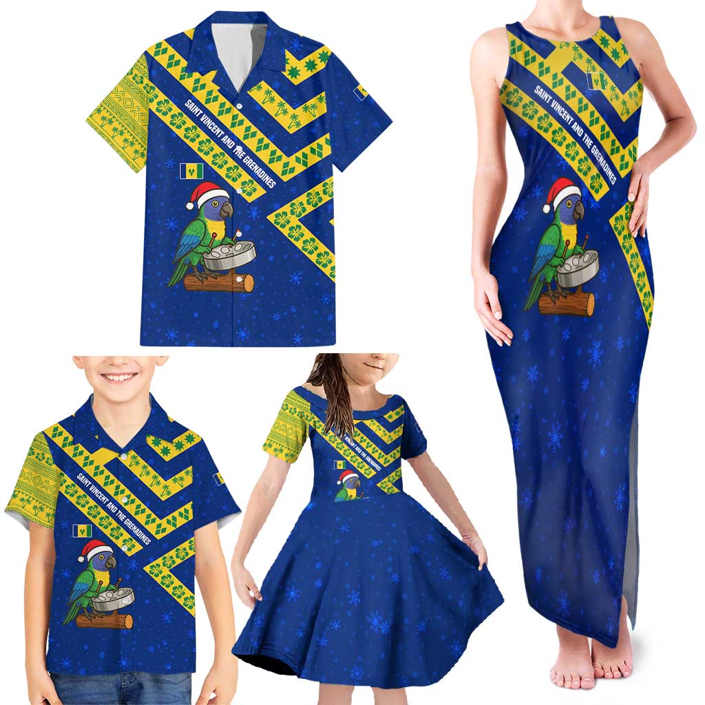 Saint Vincent and the Grenadines Christmas Family Matching Tank Maxi Dress and Hawaiian Shirt with Parrot Playing Steelpan and Tropical Pattern Design - Wonder Print Shop