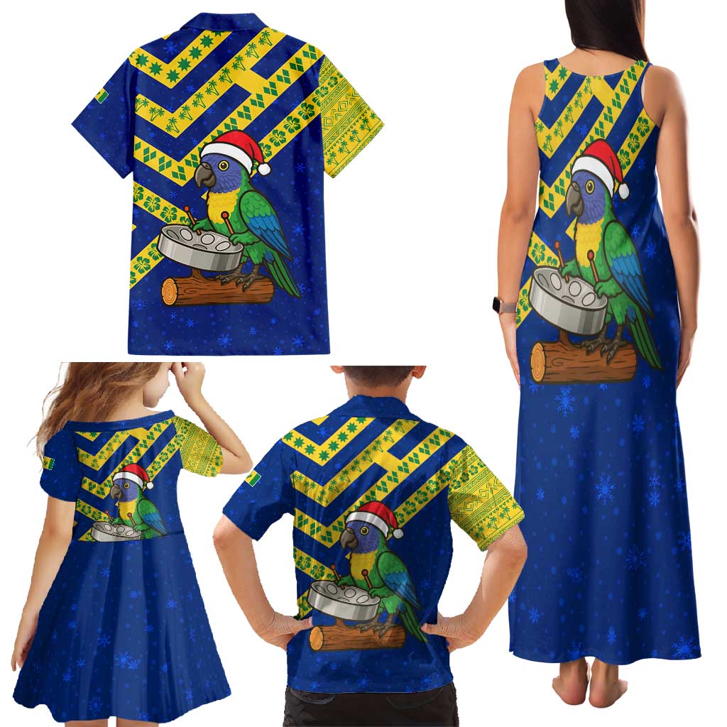 Saint Vincent and the Grenadines Christmas Family Matching Tank Maxi Dress and Hawaiian Shirt with Parrot Playing Steelpan and Tropical Pattern Design - Wonder Print Shop