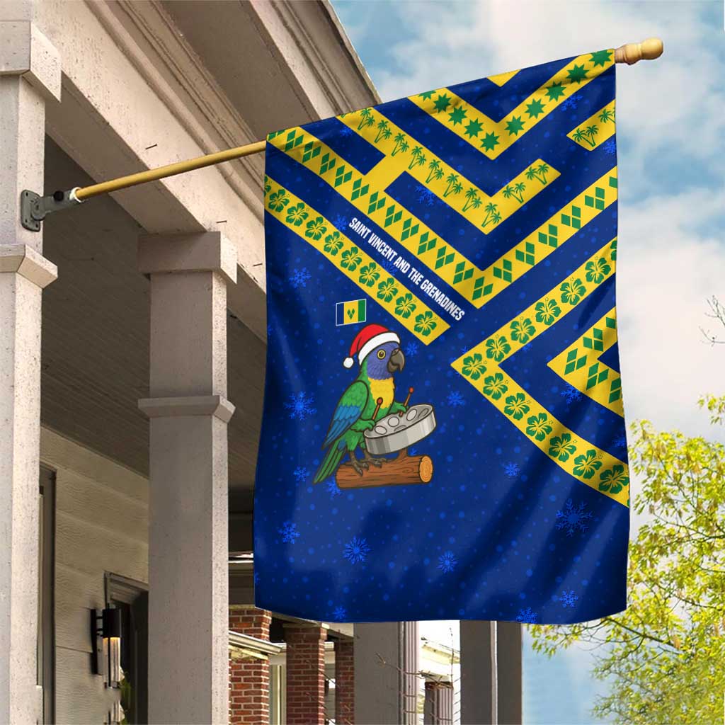 Saint Vincent and the Grenadines Christmas Garden Flag with Parrot Playing Steelpan and Tropical Pattern Design - Wonder Print Shop