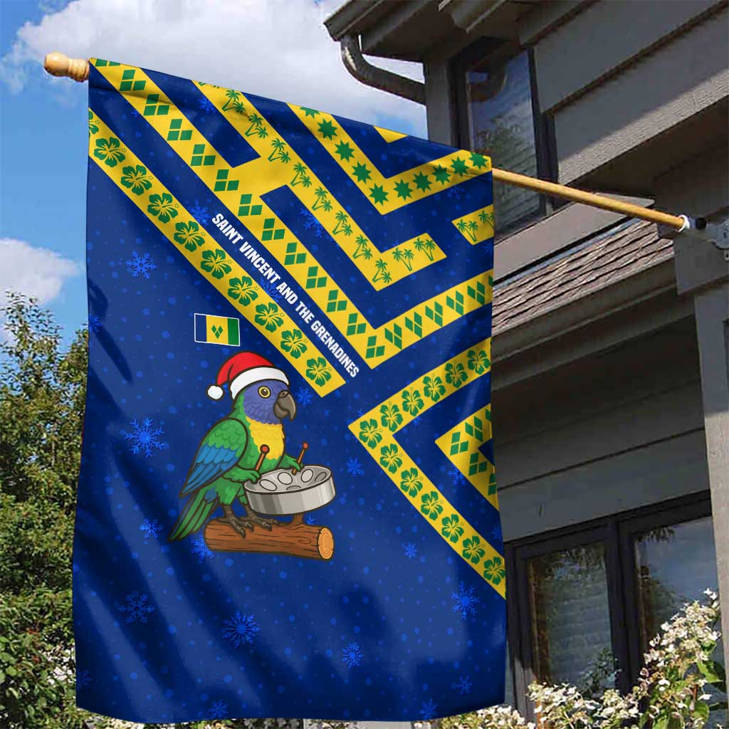 Saint Vincent and the Grenadines Christmas Garden Flag with Parrot Playing Steelpan and Tropical Pattern Design - Wonder Print Shop