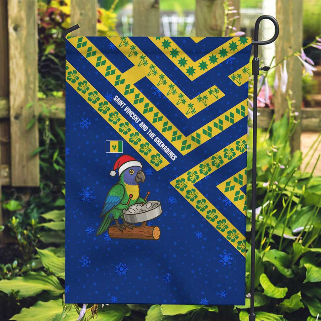 Saint Vincent and the Grenadines Christmas Garden Flag with Parrot Playing Steelpan and Tropical Pattern Design - Wonder Print Shop
