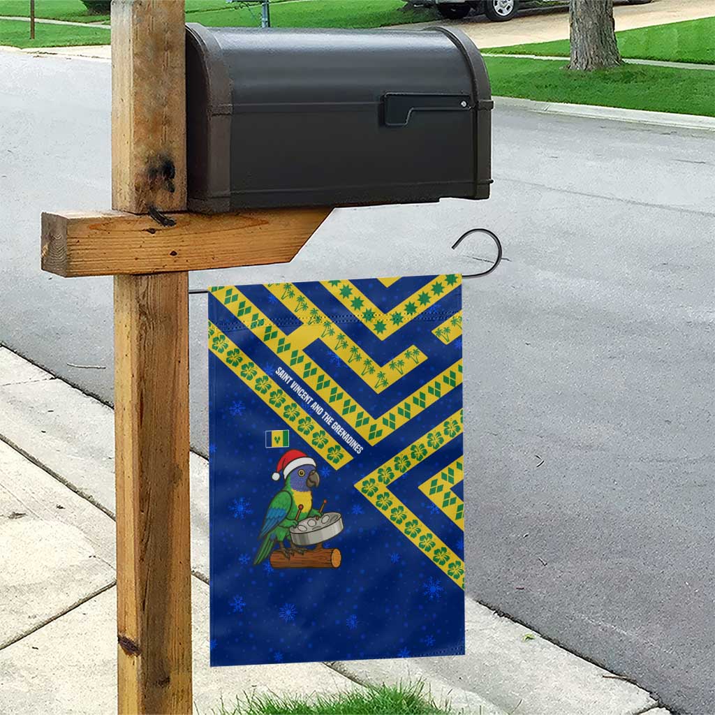 Saint Vincent and the Grenadines Christmas Garden Flag with Parrot Playing Steelpan and Tropical Pattern Design - Wonder Print Shop