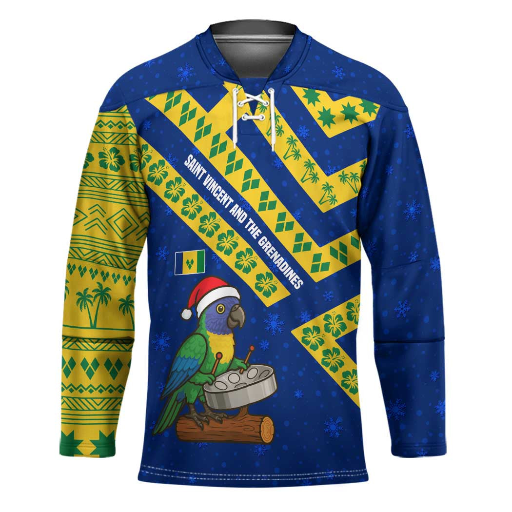 Saint Vincent and the Grenadines Christmas Hockey Jersey with Parrot Playing Steelpan and Tropical Pattern Design - Wonder Print Shop