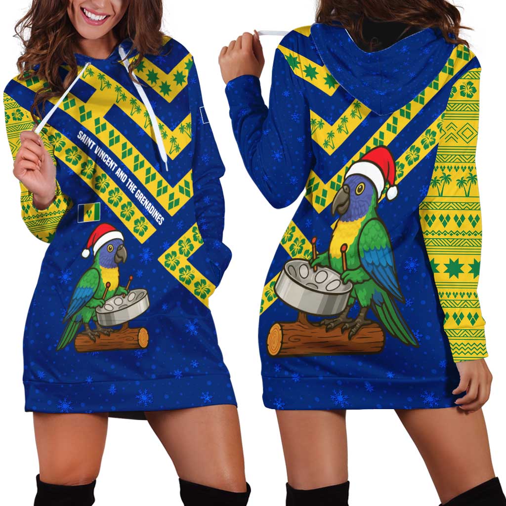 Saint Vincent and the Grenadines Christmas Hoodie Dress with Parrot Playing Steelpan and Tropical Pattern Design - Wonder Print Shop