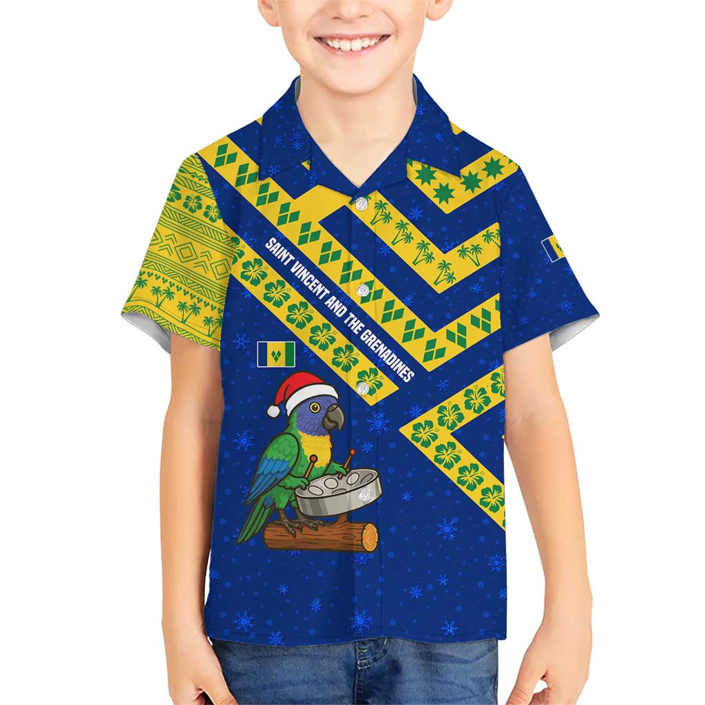 Saint Vincent and the Grenadines Christmas Kid Hawaiian Shirt with Parrot Playing Steelpan and Tropical Pattern Design - Wonder Print Shop