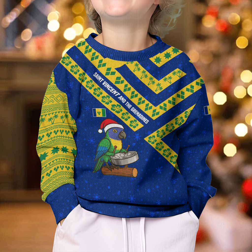 Saint Vincent and the Grenadines Christmas Kid Ugly Christmas Sweater with Parrot Playing Steelpan and Tropical Pattern Design - Wonder Print Shop