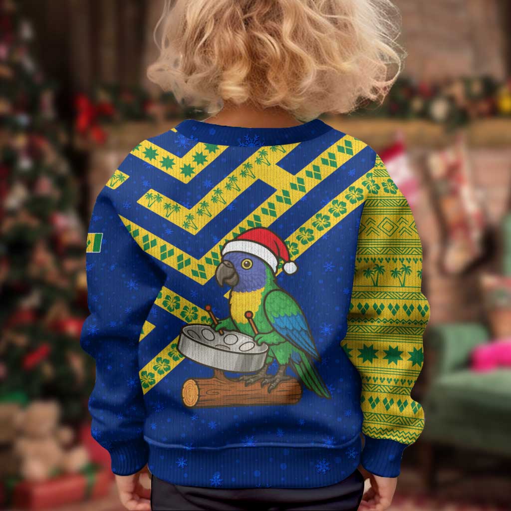 Saint Vincent and the Grenadines Christmas Kid Ugly Christmas Sweater with Parrot Playing Steelpan and Tropical Pattern Design - Wonder Print Shop