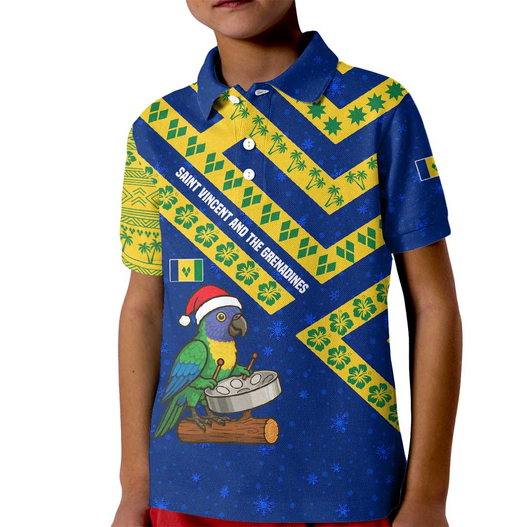 Saint Vincent and the Grenadines Christmas Kid Polo Shirt with Parrot Playing Steelpan and Tropical Pattern Design - Wonder Print Shop