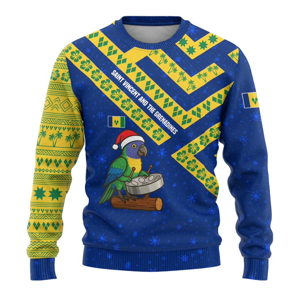 Saint Vincent and the Grenadines Christmas Ugly Christmas Sweater with Parrot Playing Steelpan and Tropical Pattern Design - Wonder Print Shop