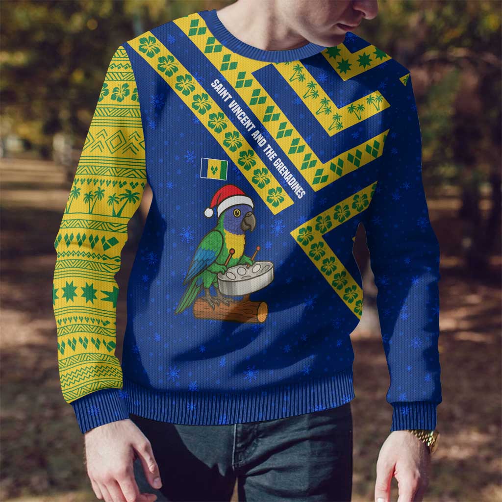 Saint Vincent and the Grenadines Christmas Ugly Christmas Sweater with Parrot Playing Steelpan and Tropical Pattern Design - Wonder Print Shop