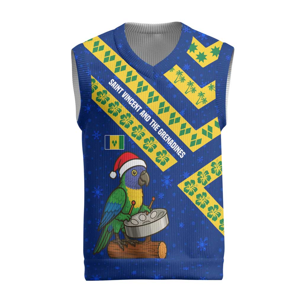 Saint Vincent and the Grenadines Christmas Knitted V-Neck Vest with Parrot Playing Steelpan and Tropical Pattern Design - Wonder Print Shop