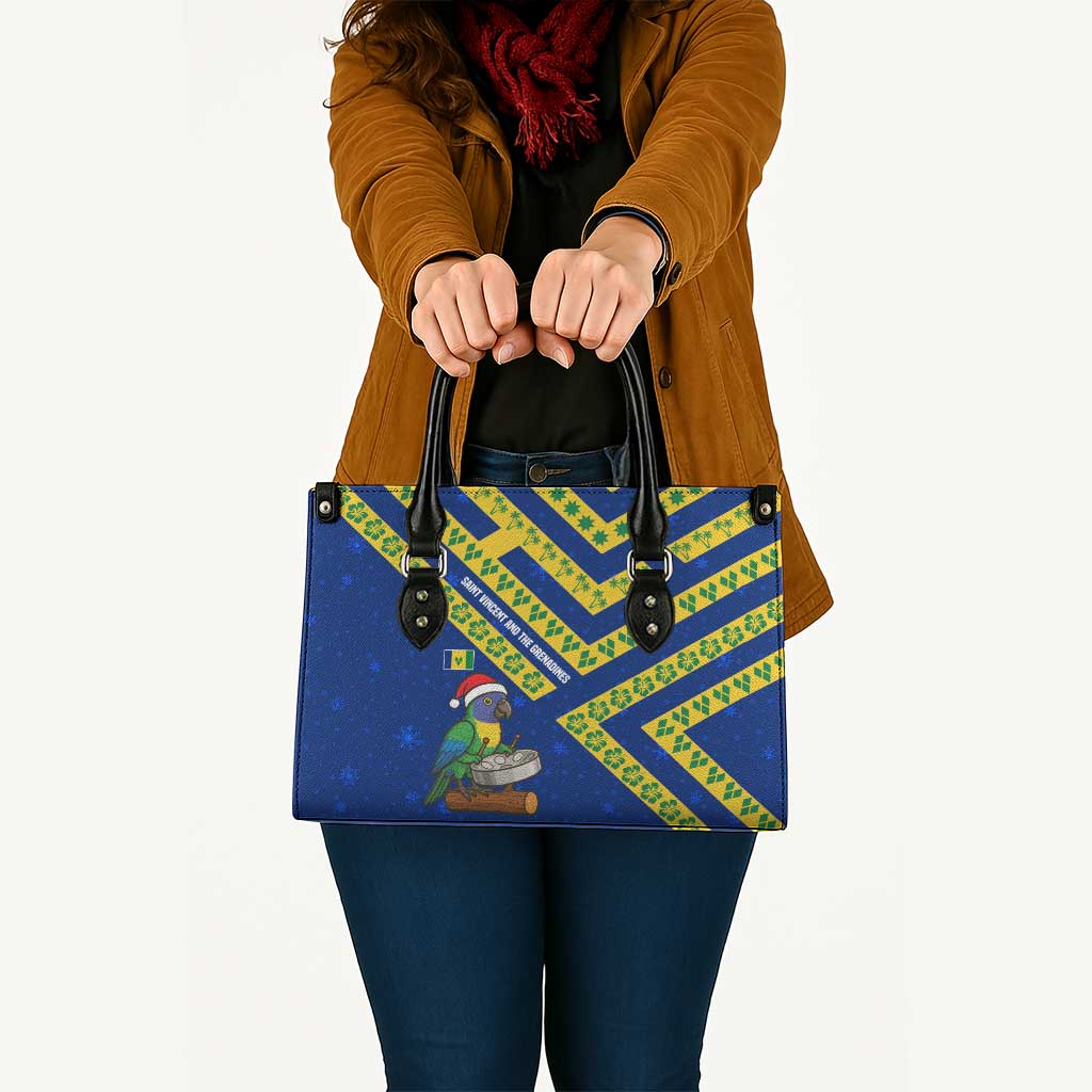 Saint Vincent and the Grenadines Christmas Leather Bag with Parrot Playing Steelpan and Tropical Pattern Design - Wonder Print Shop