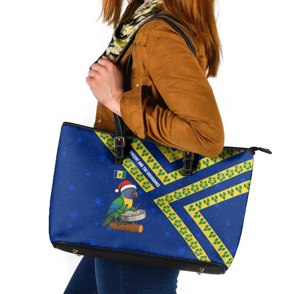 Saint Vincent and the Grenadines Christmas Leather Tote Bag with Parrot Playing Steelpan and Tropical Pattern Design - Wonder Print Shop