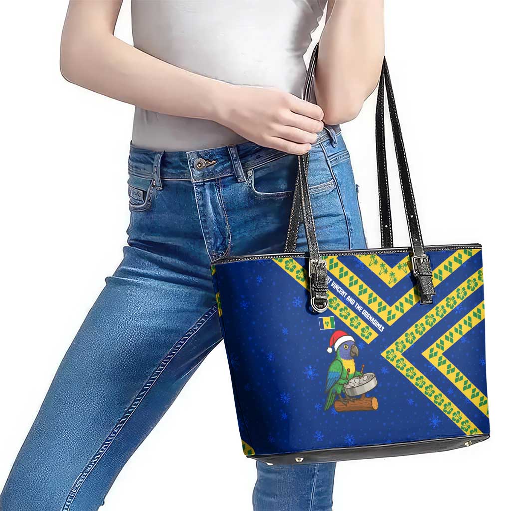 Saint Vincent and the Grenadines Christmas Leather Tote Bag with Parrot Playing Steelpan and Tropical Pattern Design - Wonder Print Shop