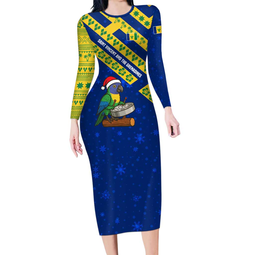 Saint Vincent and the Grenadines Christmas Long Sleeve Bodycon Dress with Parrot Playing Steelpan and Tropical Pattern Design - Wonder Print Shop