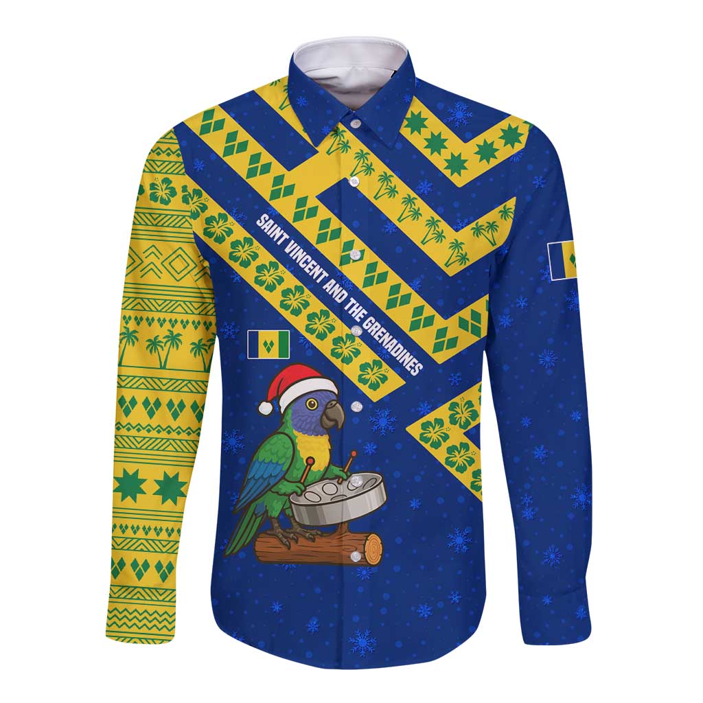 Saint Vincent and the Grenadines Christmas Long Sleeve Button Shirt with Parrot Playing Steelpan and Tropical Pattern Design - Wonder Print Shop