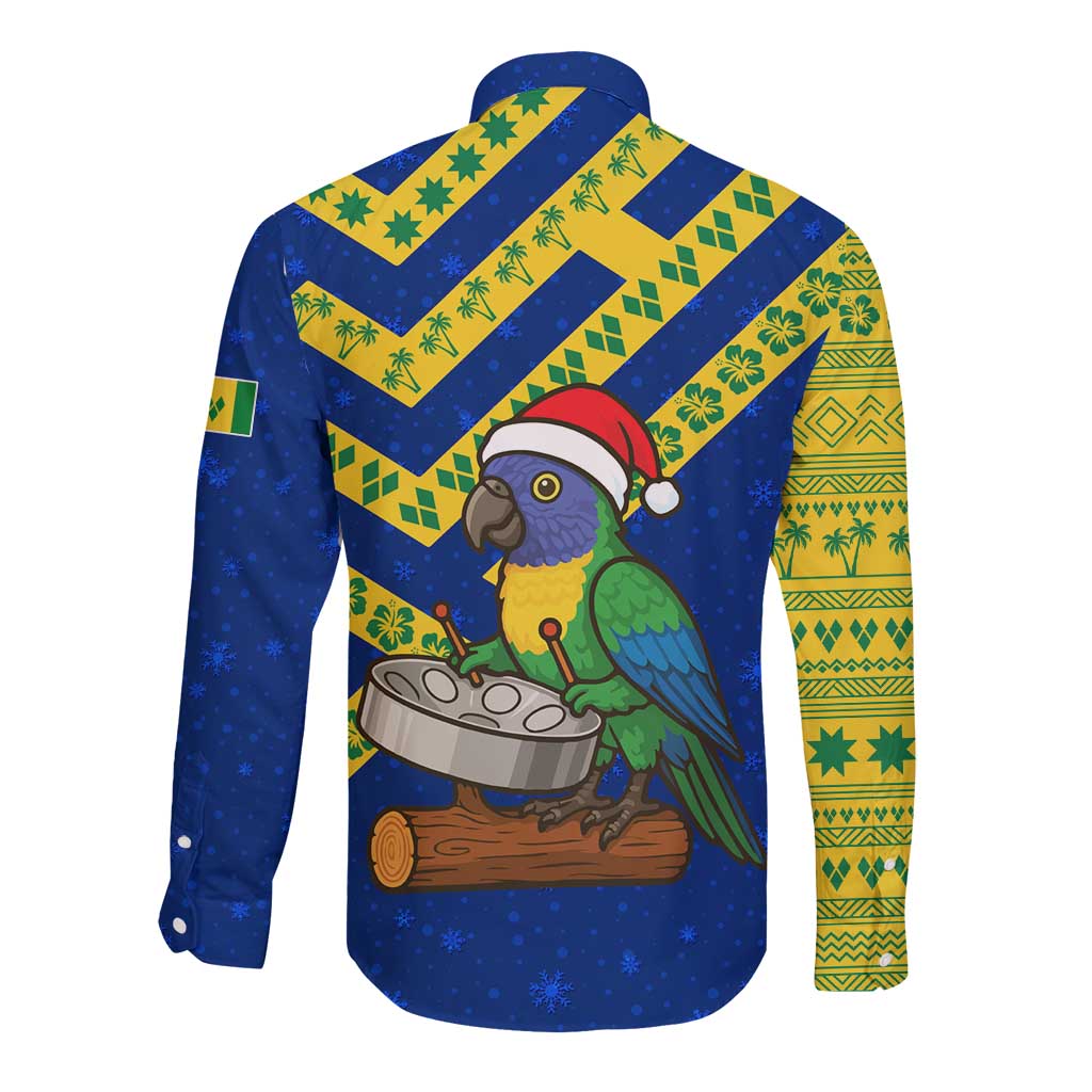 Saint Vincent and the Grenadines Christmas Long Sleeve Button Shirt with Parrot Playing Steelpan and Tropical Pattern Design - Wonder Print Shop