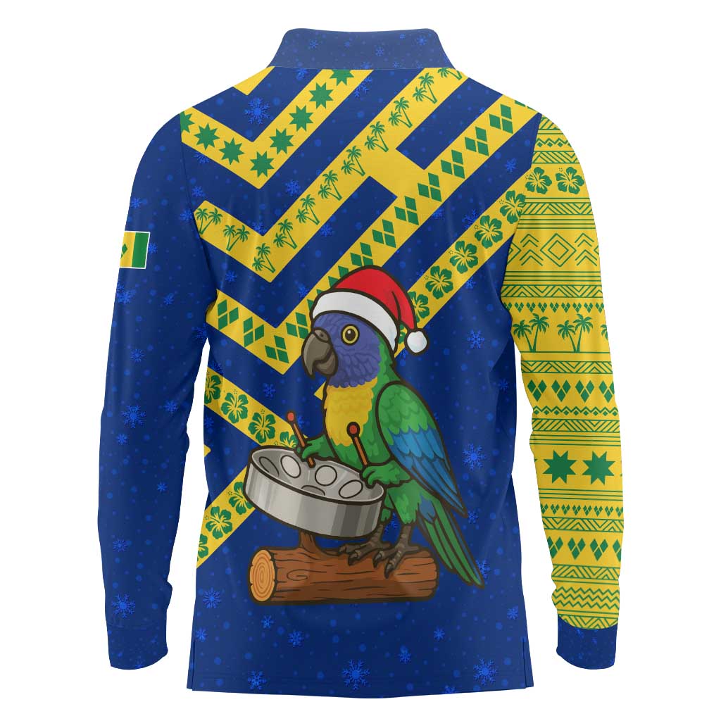 Saint Vincent and the Grenadines Christmas Long Sleeve Polo Shirt with Parrot Playing Steelpan and Tropical Pattern Design - Wonder Print Shop