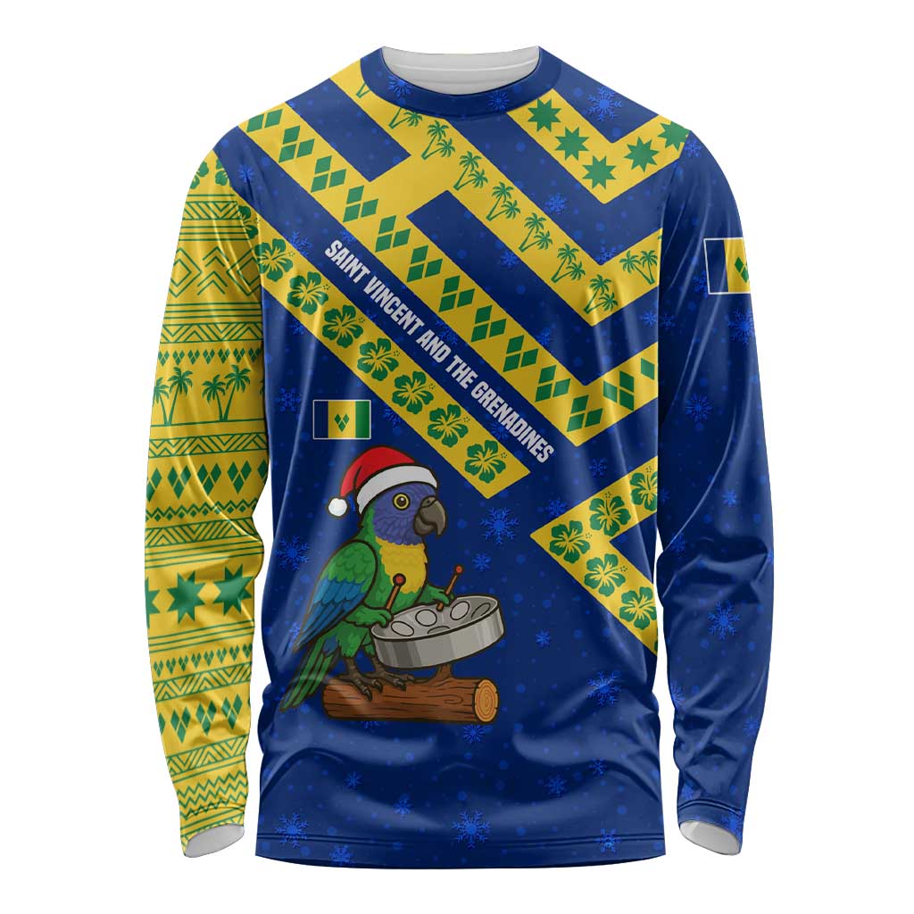 Saint Vincent and the Grenadines Christmas Long Sleeve Shirt with Parrot Playing Steelpan and Tropical Pattern Design - Wonder Print Shop