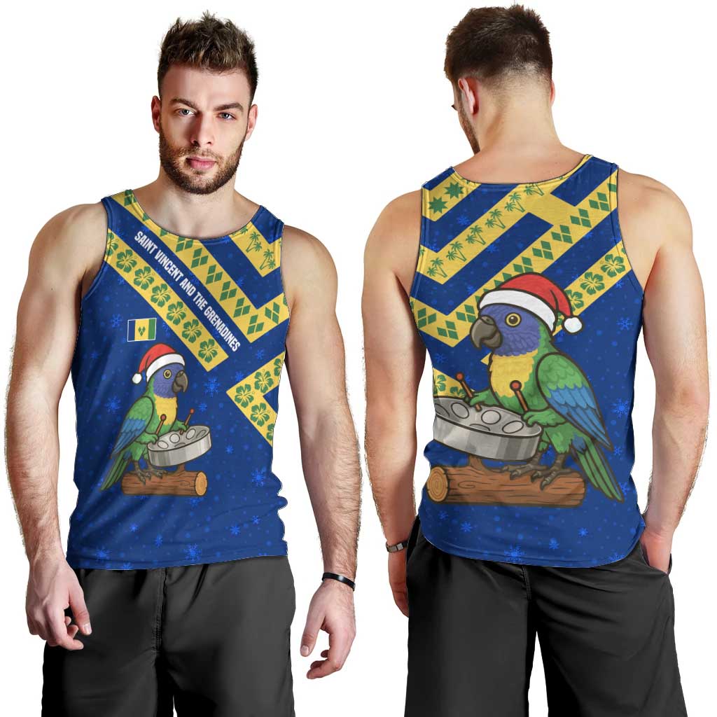 Saint Vincent and the Grenadines Christmas Men Tank Top with Parrot Playing Steelpan and Tropical Pattern Design - Wonder Print Shop