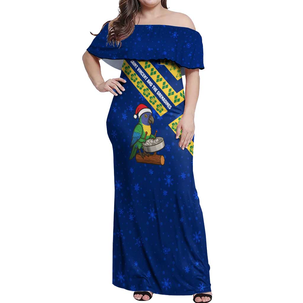 Saint Vincent and the Grenadines Christmas Off Shoulder Maxi Dress with Parrot Playing Steelpan and Tropical Pattern Design - Wonder Print Shop
